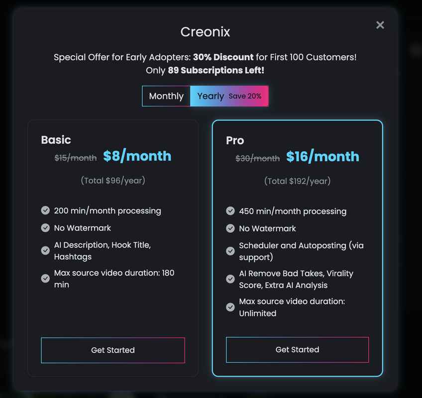 Subscription or Add More Credits Menu